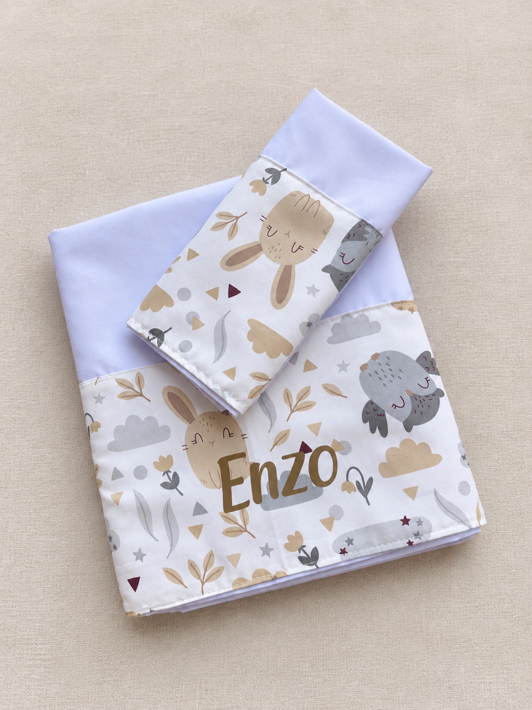Sabanas de Cuna Buhos beige y gris Personalizada