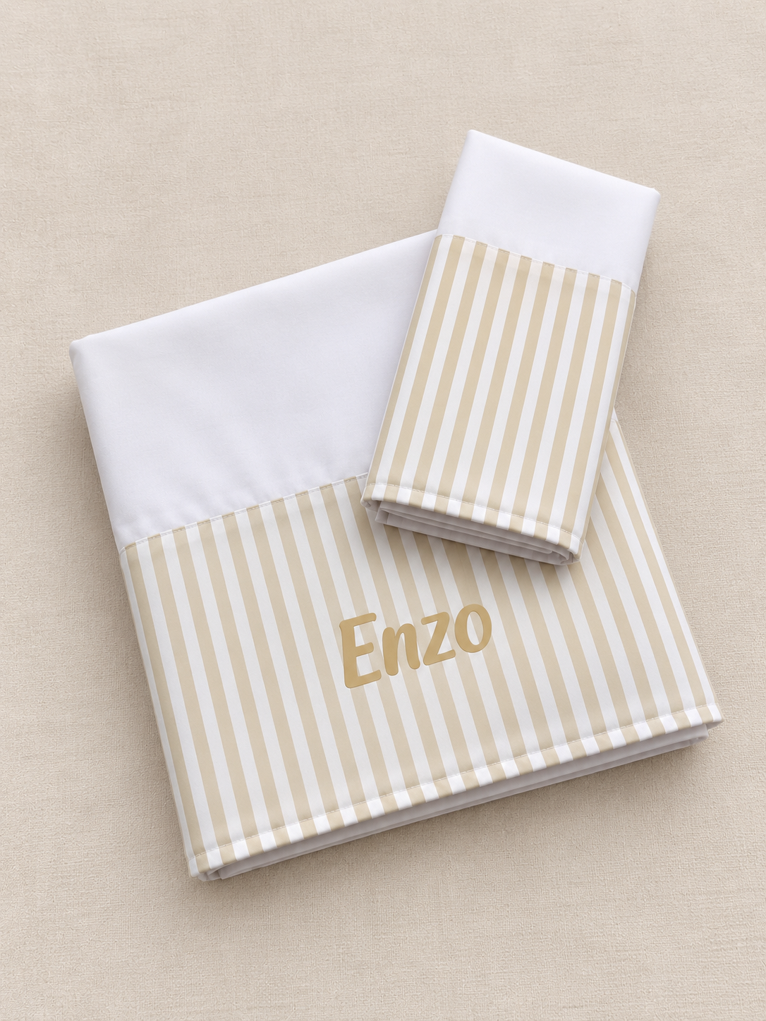 Sabanas de Cuna Rayada beige y blanco Personalizada