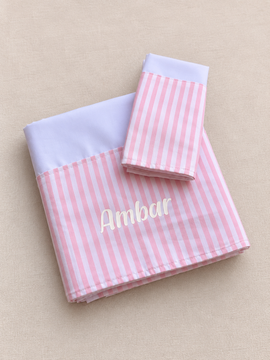 Sabanas de Cuna Rayado rosado y blanco Personalizada