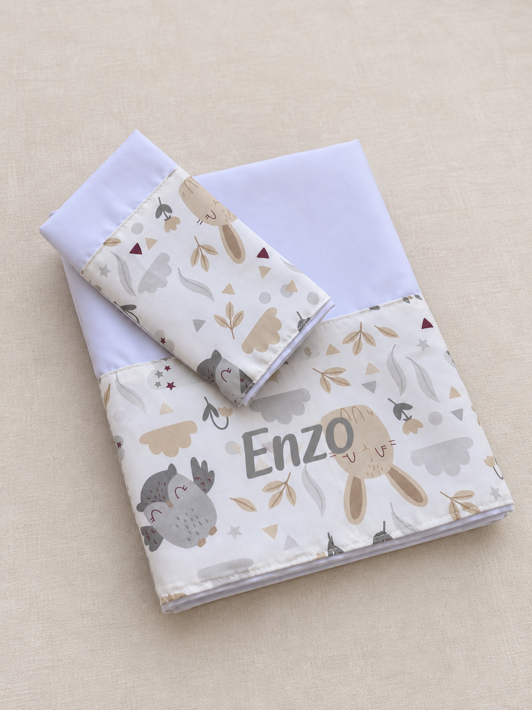 Sabanas de Cuna Buhos beige y gris Personalizada