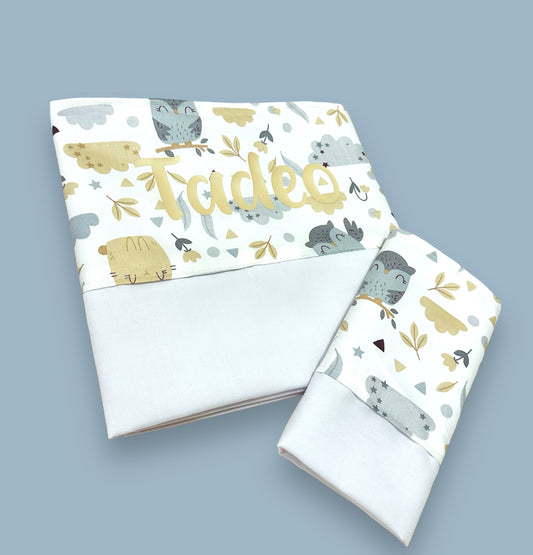 Sabanas de Cuna Buhos beige y gris Personalizada