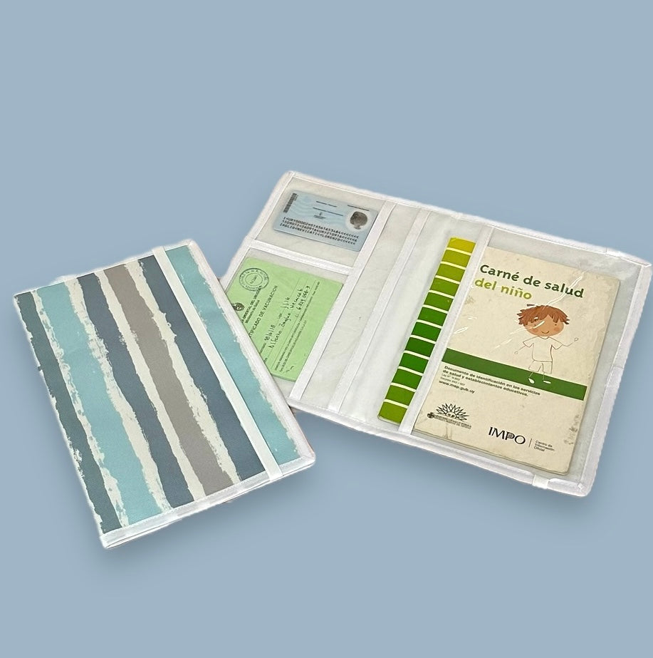 Porta documentos personalizado Rayado celeste y gris
